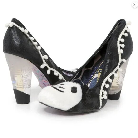 Irregular Choice Cougar Cubs Metallic Leather Pumps Lucite Heel Black White Shoe - Picture 2 of 15